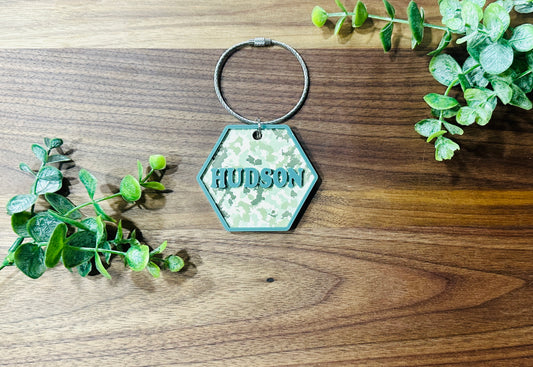 Hexagon Camo Name Key Chain or Bag Tag