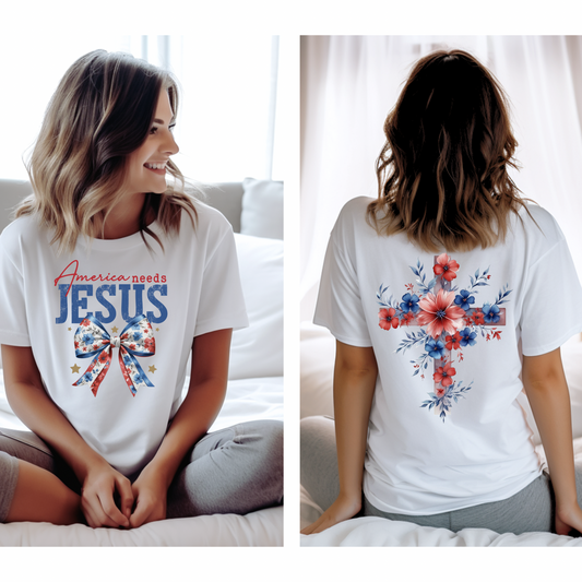 America Needs Jesus Patriotic Floral T-Shirt - July 4th