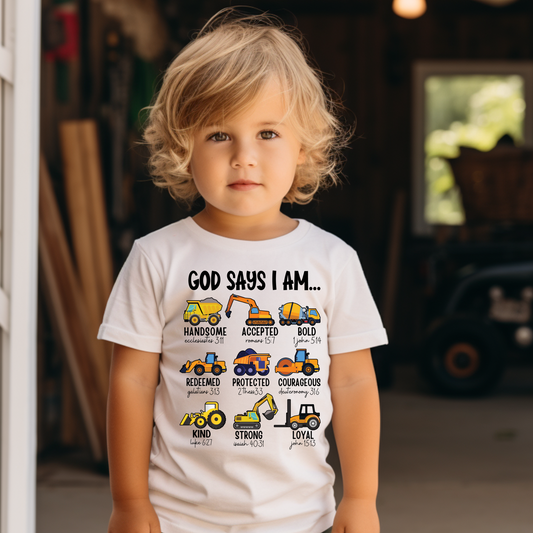 God Says I Am…Construction Theme Kids T-Shirt- Christian Graphic Tee - Youth Boy
