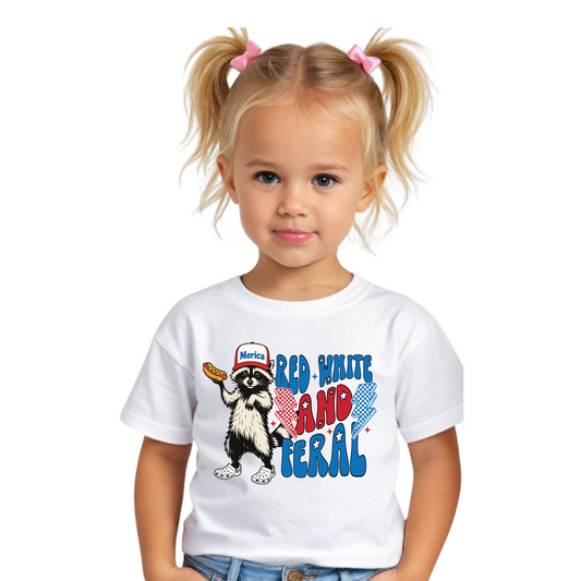 Kids “Red, White & Feral” Raccoon 4th of July T-Shirt – Funny Patriotic Tee