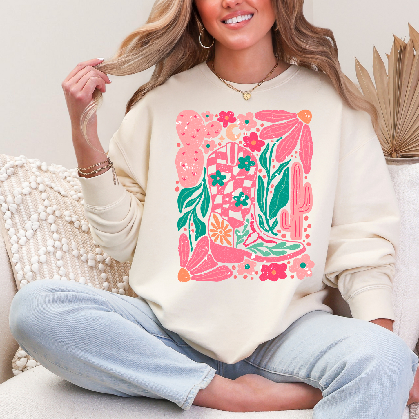 Boho Cowgirl Boot & Flowers Sweatshirt