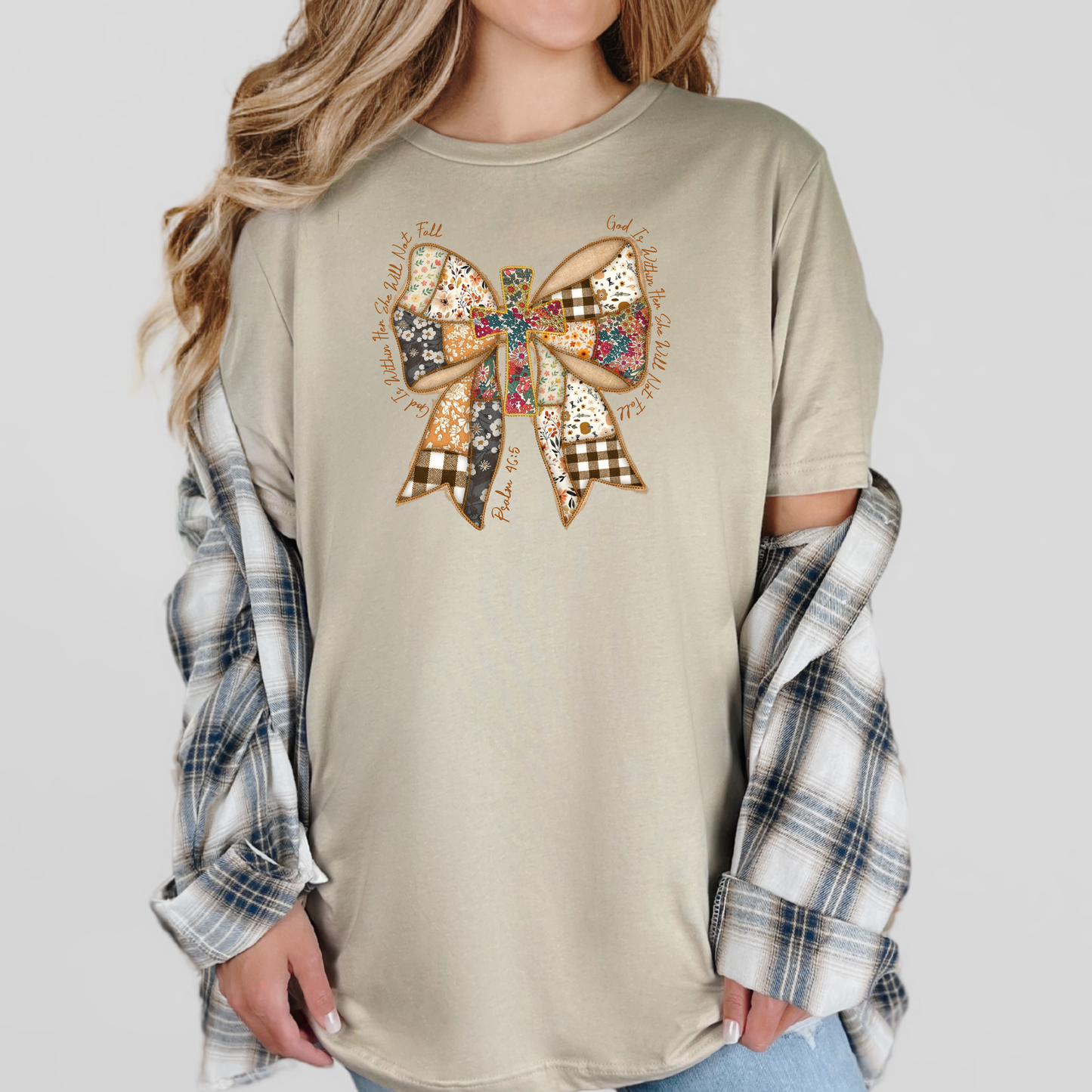 God is Within Her She Will Not Fall - Fall Patchwork Tee
