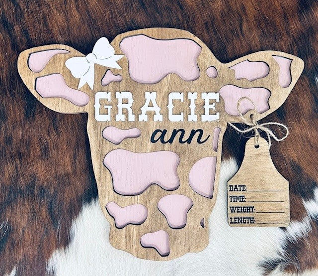 Cow Head - Baby Birth Announcement with Stats Sign - Hospital Sign