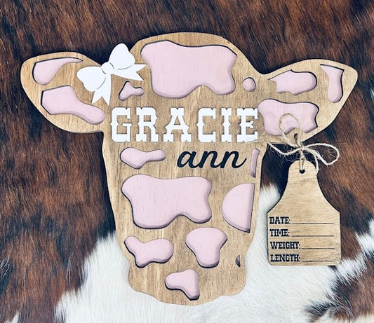 Cow Head - Baby Birth Announcement with Stats Sign - Hospital Sign