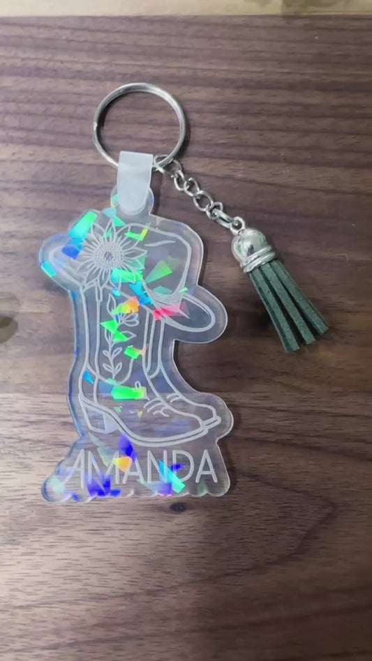 Holographic Cowboy Boot Key Chain or Bag Tag
