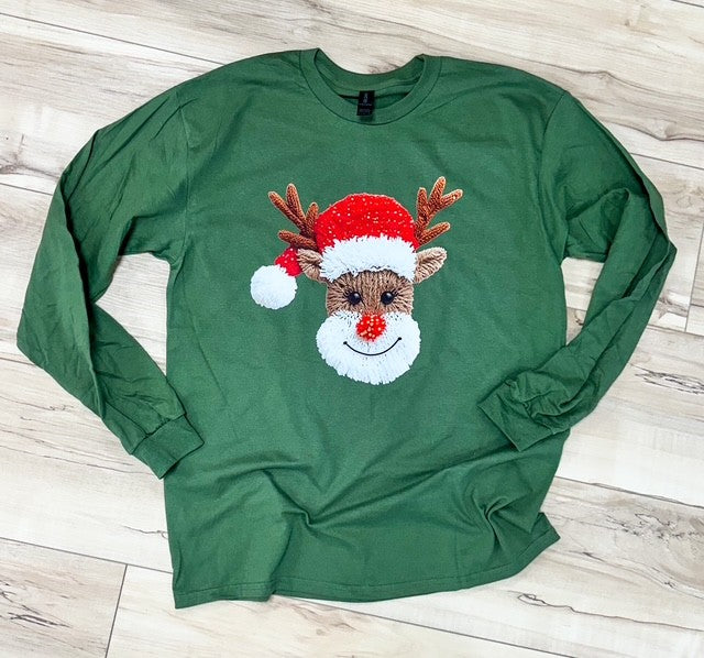 Faux Yarn Reindeer Long Sleeve Christmas Tee