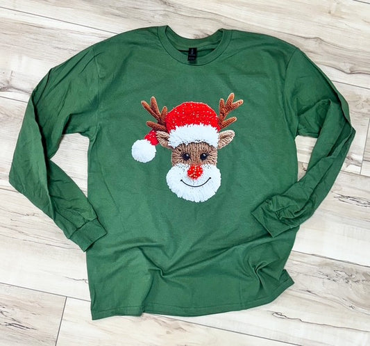 Faux Yarn Reindeer Long Sleeve Christmas Tee